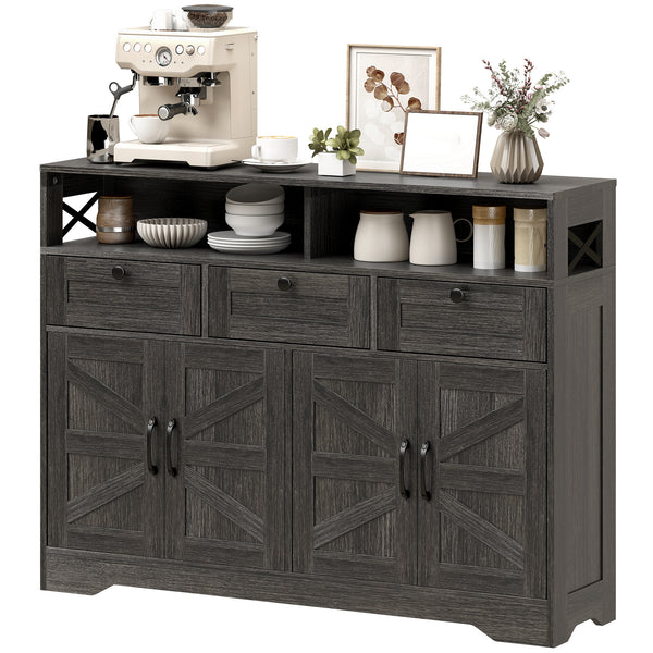 Buffet with 4 barn-style sliding doors with 3 drawers and adjustable shelves, dark brown