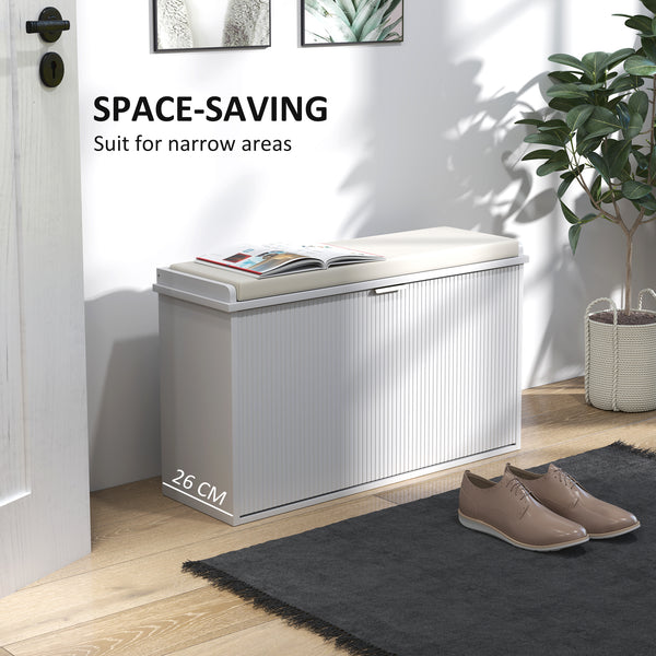 Banc d'entrée avec assise rembourrée et tiroirs rabattables avec rangement pour 8 paires de chaussures, blanc