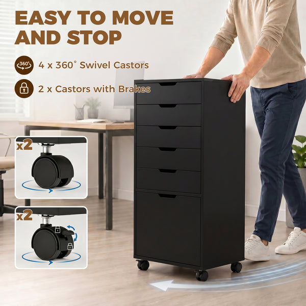 File Cabinet on Wheels Mobile Printer Stand with 6 Drawers for Home Office Black