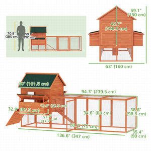 137" Wooden Chicken Coop with Run and Laying Box, Orange