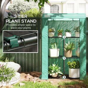 Mini greenhouse with 3 tiered shelves and 3 roll-up doors