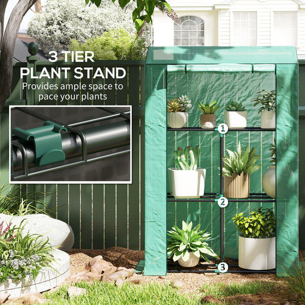 Mini greenhouse with 3 tiered shelves and 3 roll-up doors