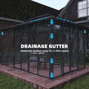 Gazebo d'extérieur 10' x 14'  à toit rigide, véranda en aluminium avec portes coulissantes, double toit, gris foncé