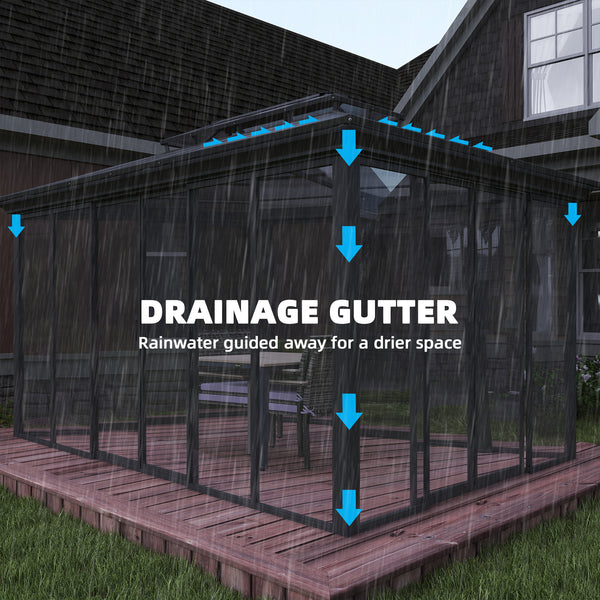 Gazebo d'extérieur 10' x 14'  à toit rigide, véranda en aluminium avec portes coulissantes, double toit, gris foncé
