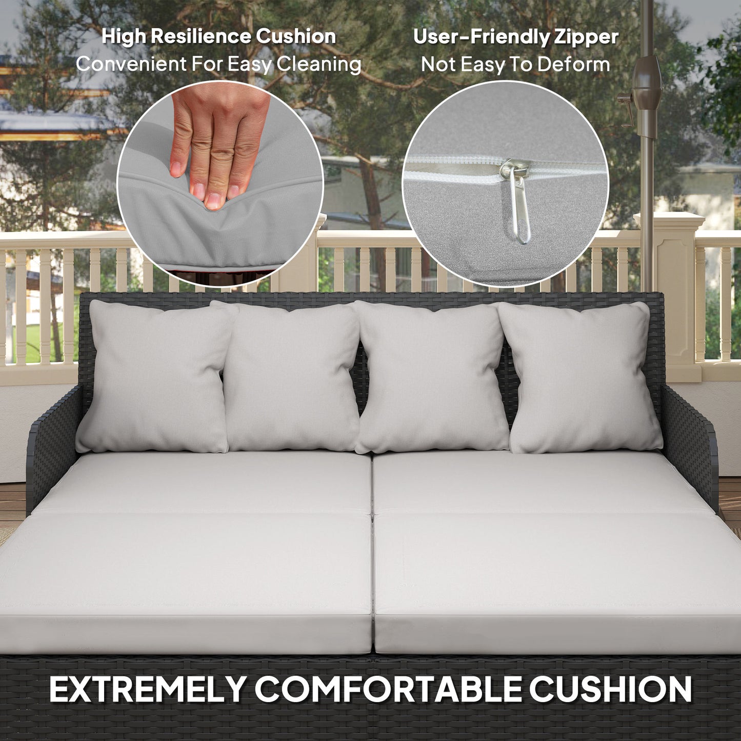 Outsunny Outdoor Rattan Sun Lounger Loveseat with Soft Cushions, 4 Pillows, Curved Backrest and Armrests, Light Grey