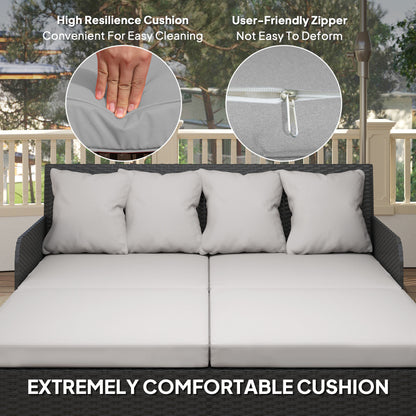Outsunny Outdoor Rattan Sun Lounger Loveseat with Soft Cushions, 4 Pillows, Curved Backrest and Armrests, Light Grey
