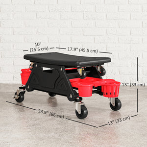 Padded rolling garage stool with tool storage, black.