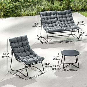 Ensemble de mobilier de patio 4 pièces, causeuse, chaises, table ronde en métal, coussins, gris