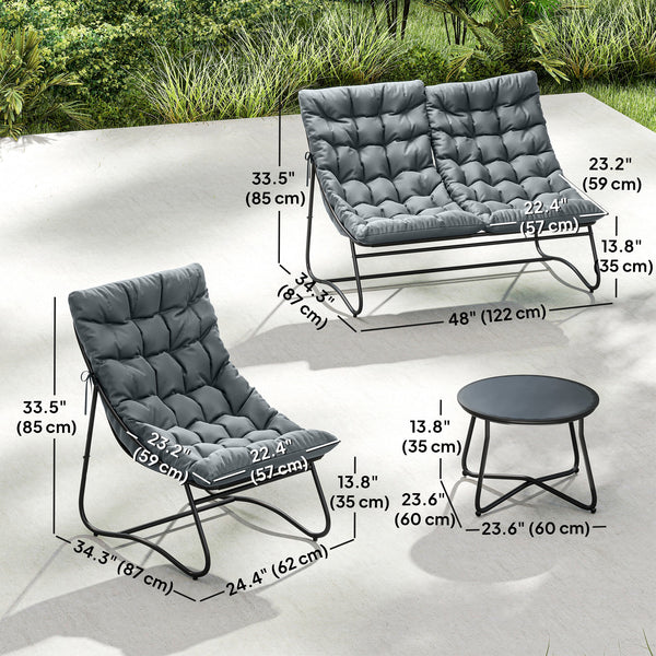 Ensemble de mobilier de patio 4 pièces, causeuse, chaises, table ronde en métal, coussins, gris