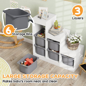 3-Tier Toy Storage Shelf with 6 Plastic Bins, White