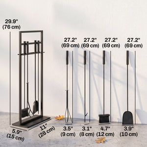 5-piece fireplace tool set with stand, shovel, brush, poker, and tongs – Black