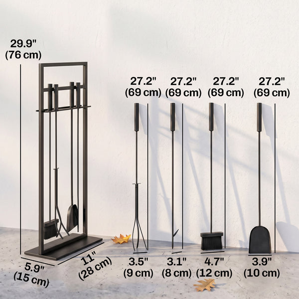 5-piece fireplace tool set with stand, shovel, brush, poker, and tongs – Black