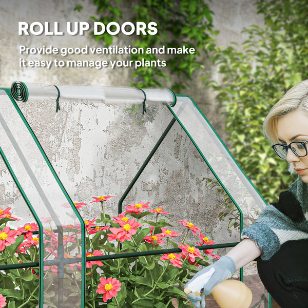 Mini portable greenhouse with roll-up zippered doors, transparent
