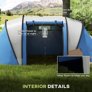 Camping tent with 2 rooms and a living area, 3000 mm waterproof, blue/grey