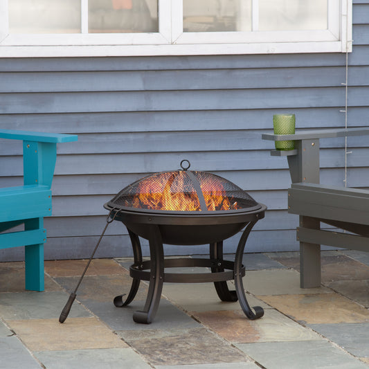 Outsunny Outdoor Fire Pit with Mesh Lid, Poker, for Camping, Bonfire, Picnic, Black