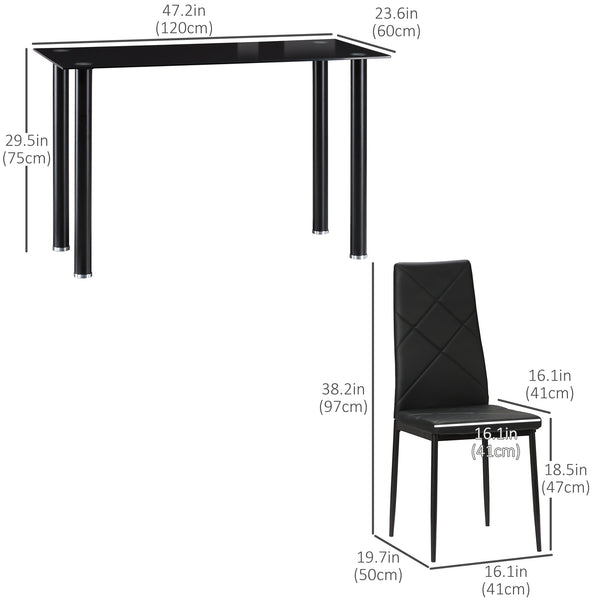 Ensemble table et chaises pour 4 personnes, table en verre, assise rembourrée et cadre en acier