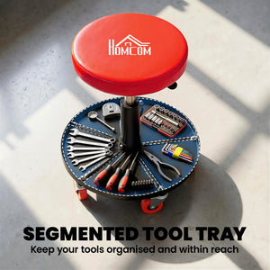 Tabouret de mécanicien ajustable avec roulettes et plateau de rangement pour outils, rouge