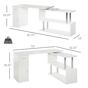 Bureau d'ordinateur rotatif en L avec étagères de rangement, armoire et tiroir, blanc