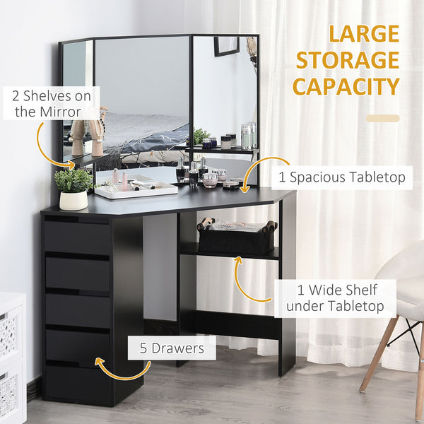 Coiffeuse d'angle avec 5 tiroirs et étagères ouvertes, miroir 3 pièces, noire