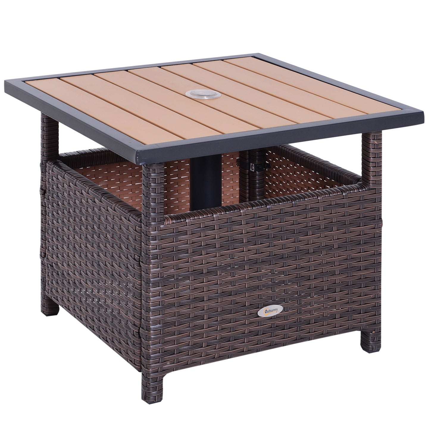 Outsunny 55cm Square Rattan Table with Umbrella Hole, Outdoor Patio Side Table, Can Be Used as an Umbrella Stand, Brown