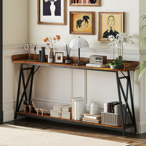 Extra-long console table with storage shelf and railing, industrial style, rustic brown