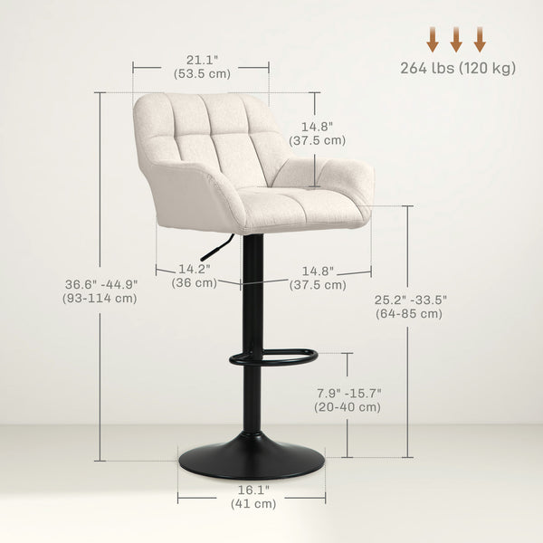 Lot de 2 tabourets de bar réglables, pivotants, capitonnés, en lin, avec repose-pieds et accoudoirs, gris