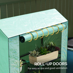 Mini greenhouse with 3 tiered shelves and 3 roll-up doors