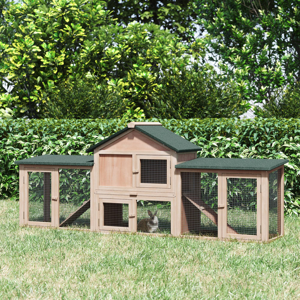 Clapier grand format en bois avec double enclos, plateau coulissant et rampes d'accès