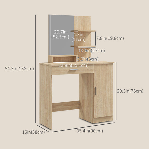 Coiffeuse avec miroir, tiroir et compartiment ouvert, bois naturel