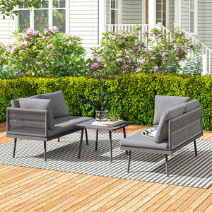 Ensemble de mobilier de jardin 3 pièces en résine tressée en forme de L avec coussins, gris