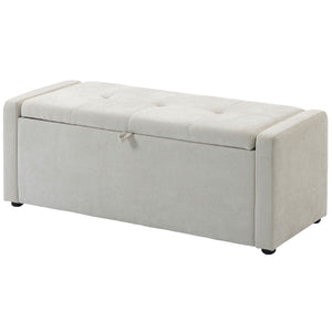 Linen-look fabric upholstered storage ottoman bench with storage, wide and padded seat, cream white