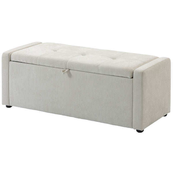 Linen-look fabric upholstered storage ottoman bench with storage, wide and padded seat, cream white