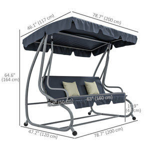3-Seat Outdoor Patio Swing Canopy Chair, Converting Flat Bed with Adjustable Shade, Cushions, Cup Holder, Dark Grey
