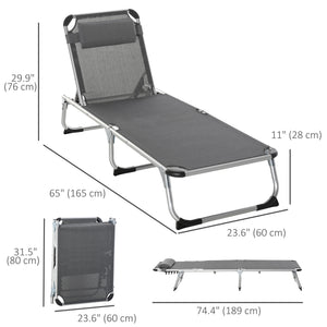 Folding Lounge Chair, Patio Lounger with Headrest, 5-Level Adjustable Backrest, and Aluminum Frame, Grey
