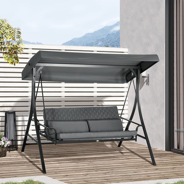 3 Person Porch Swing Bench with Adjustable Canopy, Cushions, Pillows for Porch and Backyard, Dark Grey