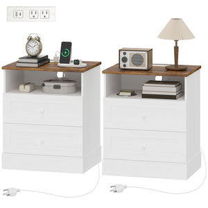 Table de chevet avec station de charge et 2 tiroirs, lot de 2, blanc et chêne