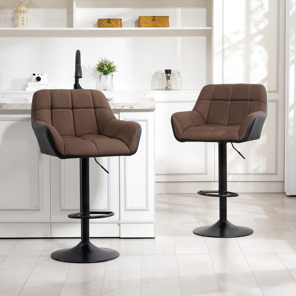 Set of 2 swivel bar stools with footrest, black and brown