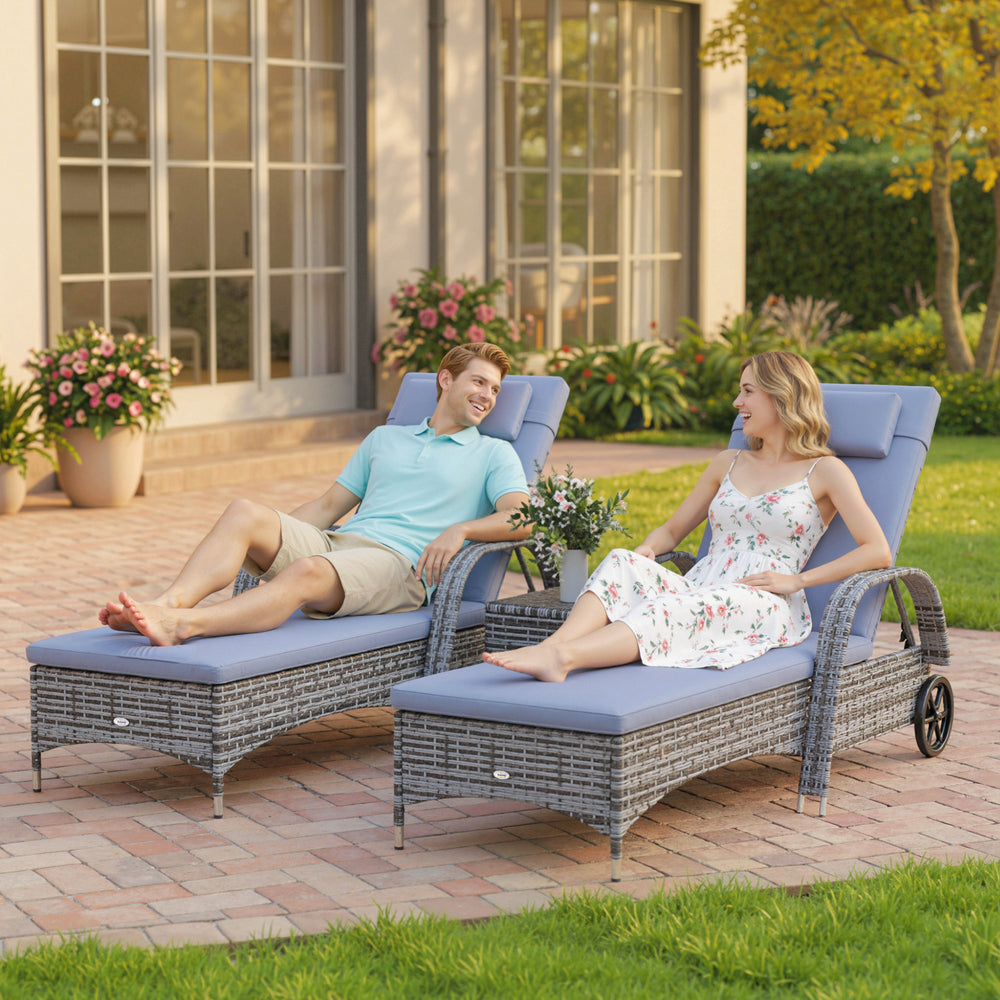 3 Pieces Patio Rattan Chaise Lounge Set, Outdoor PE Wicker Reclining Lounger Furniture Set, Adjustable Portable with Wheeled & Side Table, Grey