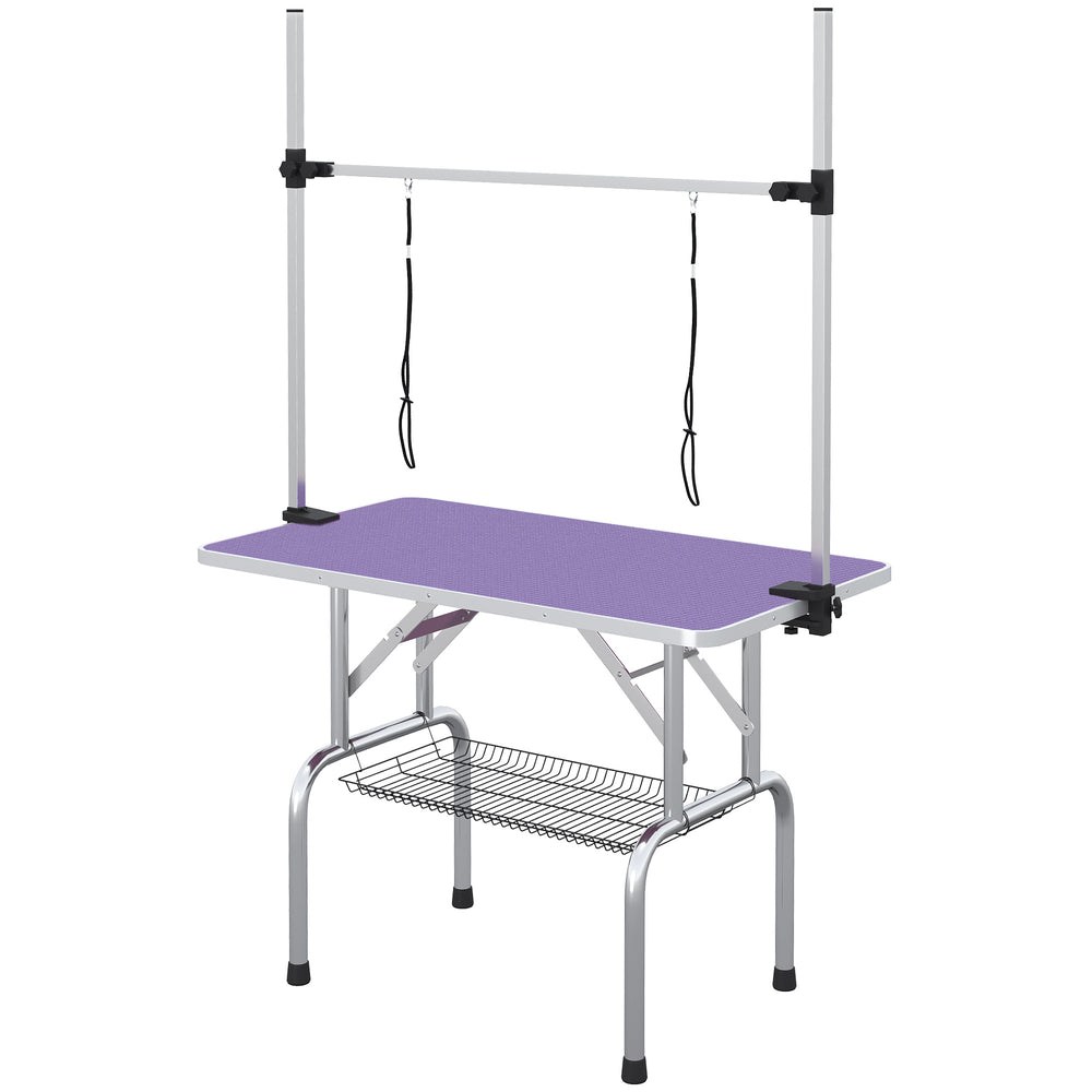Table de toilettage réglable pour chiens avec 2 sangles de sécurité et panier de rangement, violette