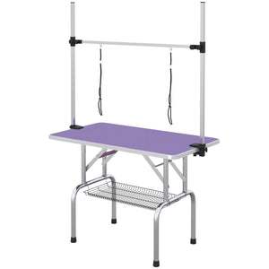 Adjustable Dog Grooming Table with 2 Safety Straps and Storage Basket, Purple