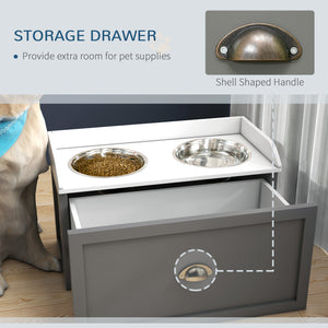 Raised bowls with storage drawer with 2 stainless steel bowls, gray
