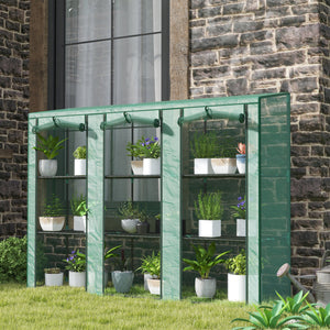 Lean-to greenhouse with 3 tiered shelves and 3 roll-up doors