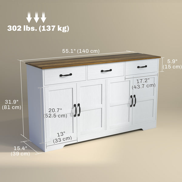 Sideboard Buffet Cabinet with Storage, Modern Coffee Bar Cabinet with 3 Drawers and Adjustable Shelves, Distressed White