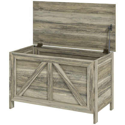 Coffre de rangement style ferme, charnière de sécurité pour ouverture à 100°, grain de bois gris