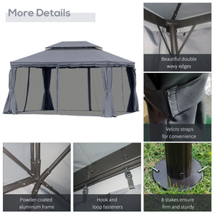 13' x 10' Patio Gazebo, Double Roof Outdoor Gazebo Canopy Shelter with Netting &amp; Curtains, Strong Aluminum Frame, Dark Gray