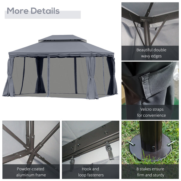 13' x 10' Patio Gazebo, Double Roof Outdoor Gazebo Canopy Shelter with Netting &amp; Curtains, Strong Aluminum Frame, Dark Gray