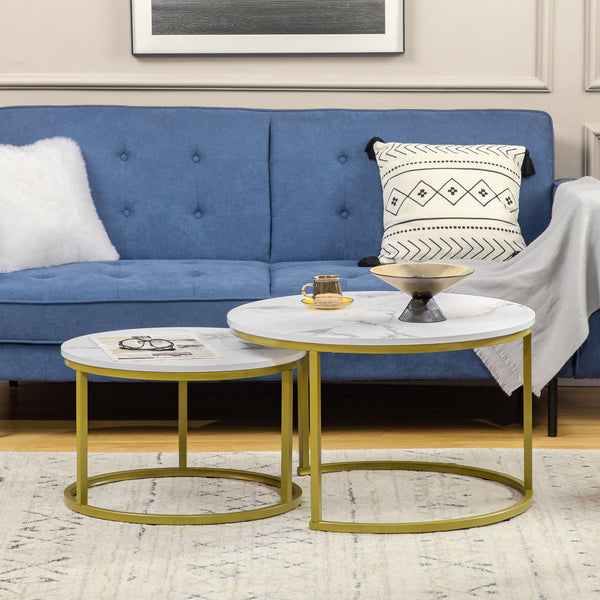 Lot de 2 tables gigognes rondes, imitation marbre blanc