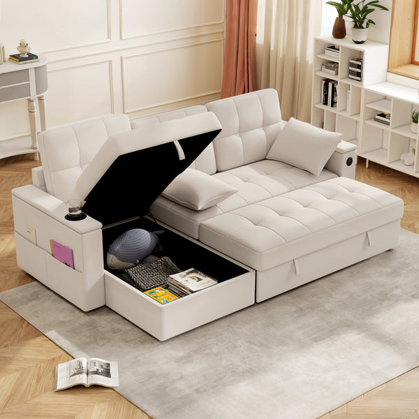 Convertible Sectional Sofa Bed, Pull Out Sleeper Sofa Couch with USB‑A+C, Chaise Storage, L-Shaped Futon Couch, Beige