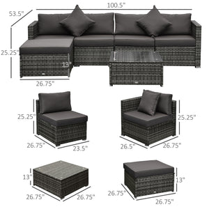 6 Pieces Outdoor PE Rattan Wicker Patio Furniture Sofa Set with Thick Cushions, Deluxe Garden Sectional Couch with Glass Top Table, Mixed Grey and Charcoal