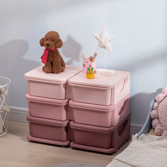 Organiseur de jouets pour enfants à 3 niveaux et bacs de rangement avec 6 tiroirs en plastique, rose